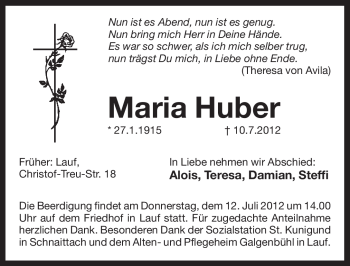 Traueranzeige von Maria Huber von Pegnitz-Zeitung